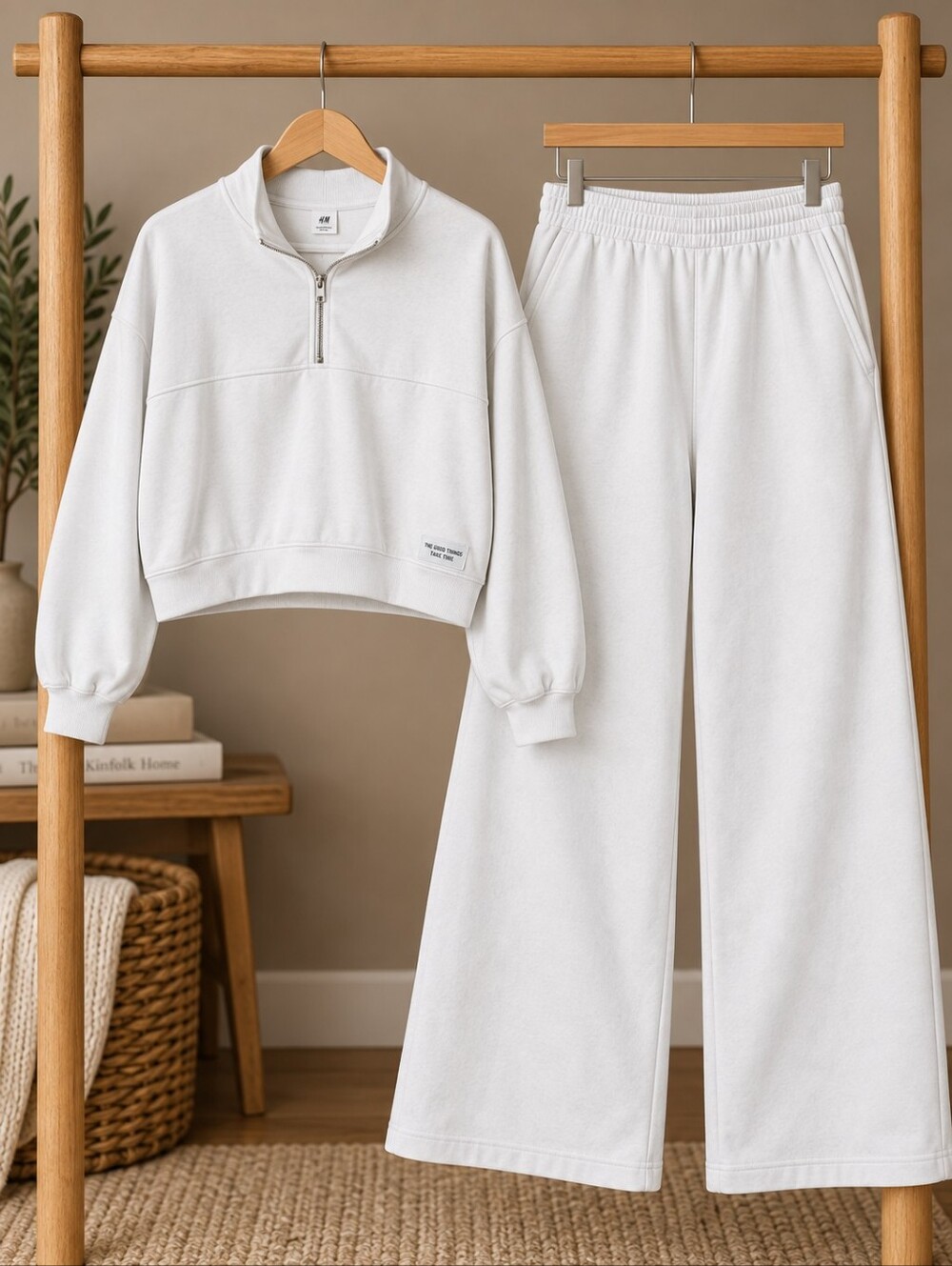 H&M White Sweat Set Women's XL/M Oversized Half Zip Wide Leg